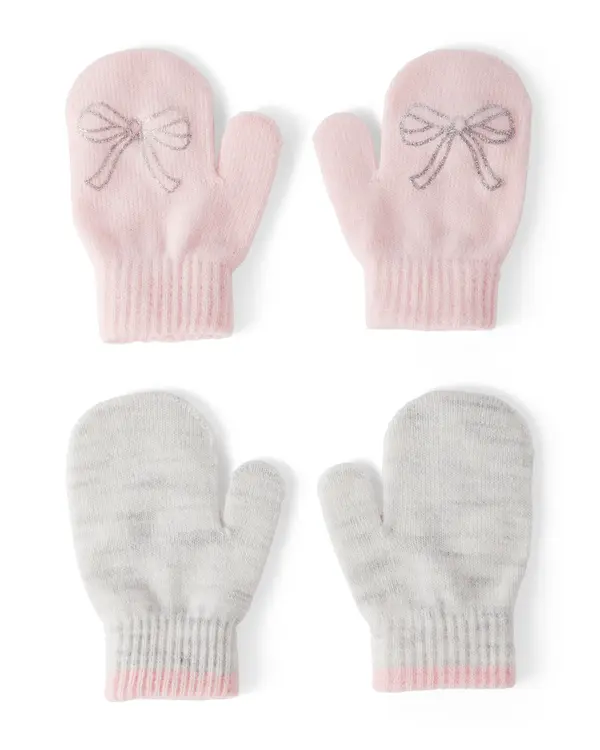 Toddler Girl 2-Pack Bow Winter Mittens - Pink/Grey