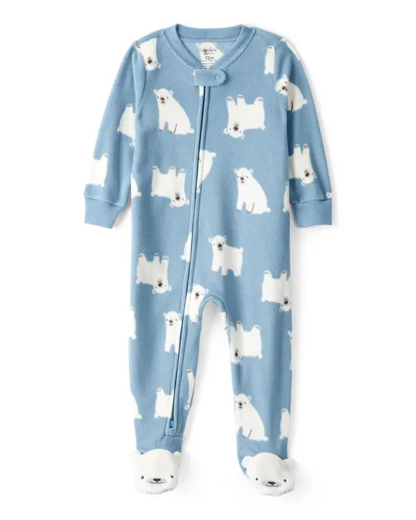 Toddler Boy Polar Bear Fleece Velboa Loose Fit 1-Piece Pajamas - Blue