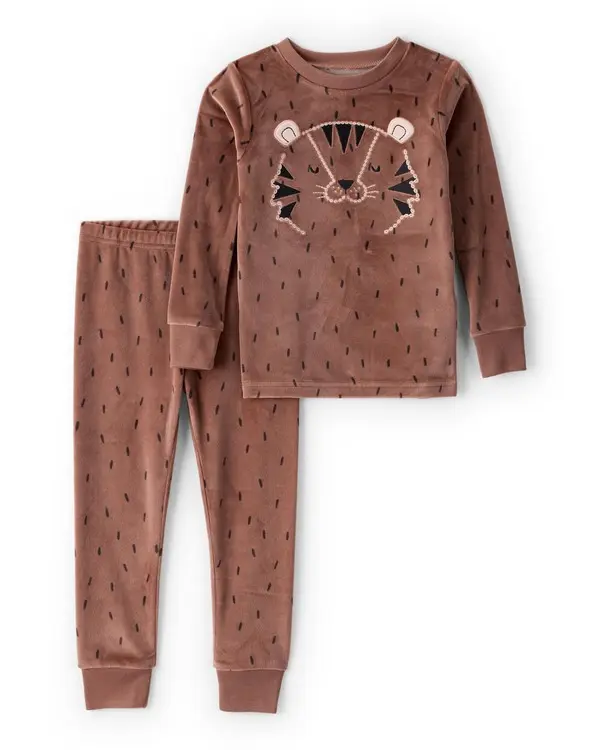 Toddler Boy Tiger Print DreamPlush Long-Sleeve Snug Fit 2-Piece Pajamas - Brown