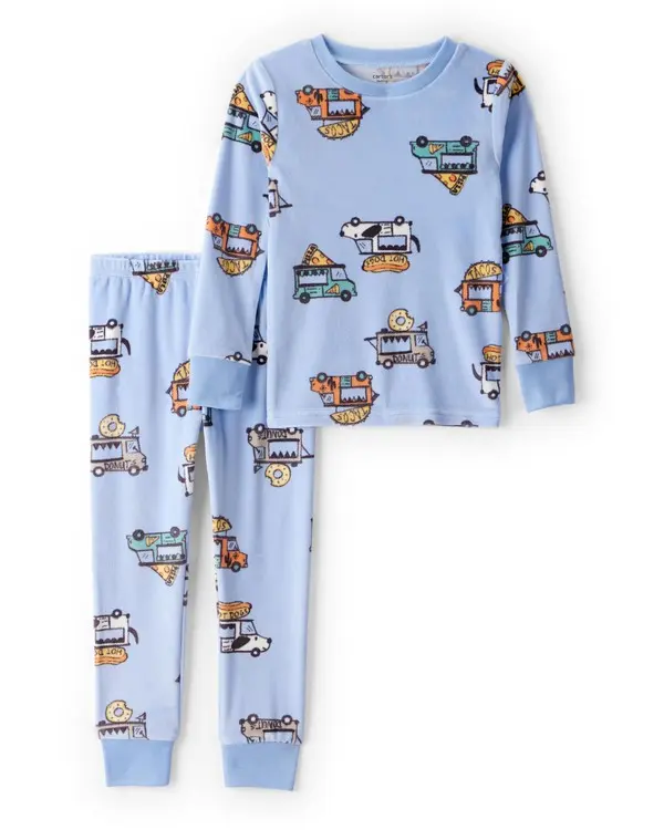 Toddler Boy Truck Print DreamPlush Long-Sleeve Snug Fit 2-Piece Pajamas - Blue