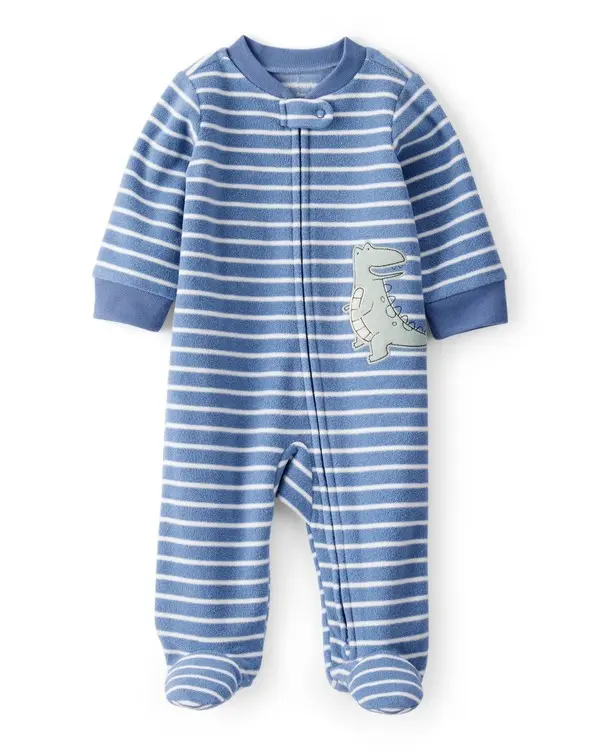 Baby Boy Dino Striped 2-Way Zip Long-Sleeve Fleece Pajama - Blue