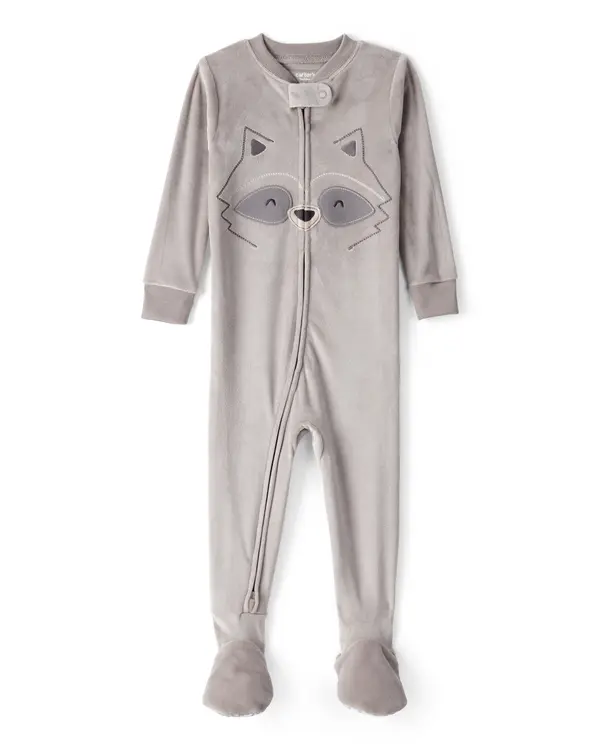 Baby Boy Raccoon DreamPlush Long-Sleeve Snug Fit 1-Piece Pajamas - Grey