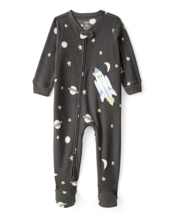 Baby Boy Spaceship Star Print Fleece Loose Fit 1-Piece Pajamas - Grey