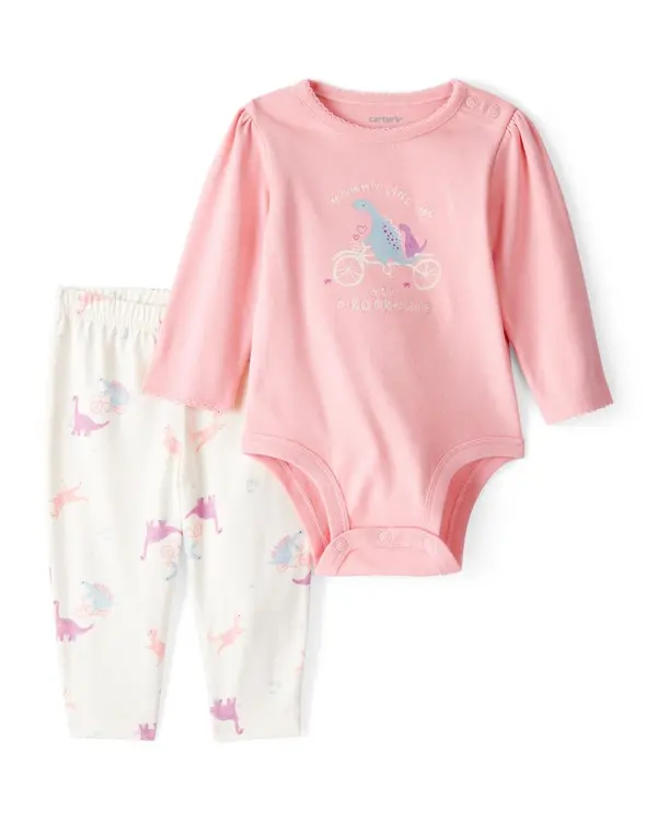 Baby Girl 2-Piece Dinosaur Print Cotton Long-Sleeve Bodysuit & Pant Set - Pink/White