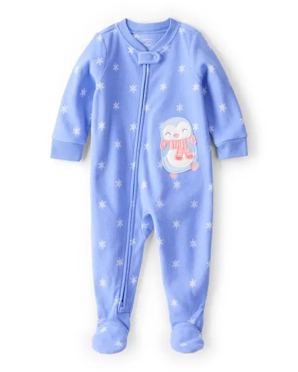 Baby Girl Penguin Print Fleece Long-Sleeve Loose Fit 1-Piece Pajamas - Blue