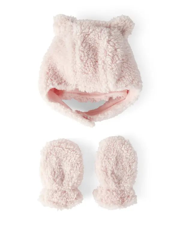 Baby Girl Sherpa Winter Hat & Mittens Set - Pink