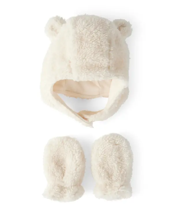 Baby Girl Sherpa Winter Hat & Mittens Set - White