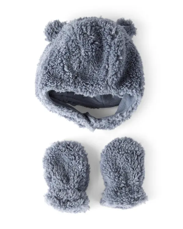 Baby Boy Sherpa Winter Hat & Mittens Set - Blue