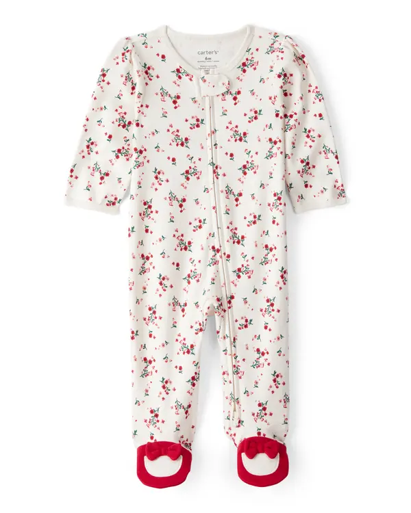 Baby Girl Bow Floral Print 100% Cotton Sleep & Play Pajamas - White/Red