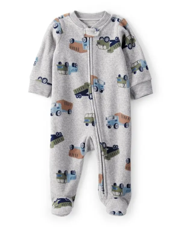 Baby Boy Construction Truck Print Loose Fit Long-Sleeve Sleep & Play Pajamas - Grey