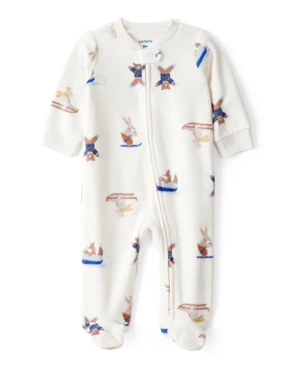 Baby Boy Animal Ski Print Loose Fit Long-Sleeve Sleep & Play Pajamas - Cream