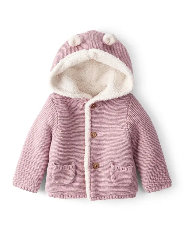 Baby Girl Sherpa Lined Cotton Long-Sleeve Sweater - Pink