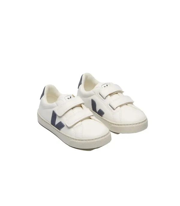 Leather Veja V-12 Velcro Sneakers with Blue Logo  - Kids