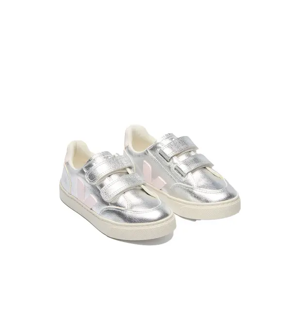 Metallic Silver V-12 Velcro Sneakers with Pink Accents - Kids