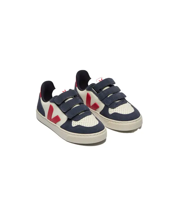 Suede and Red Logo Veja V-10 Velcro Sneakers - Junior