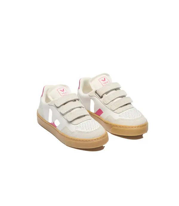 Leather/Suede Sneakers with Fuchsia V and Velcro Closure - Junior