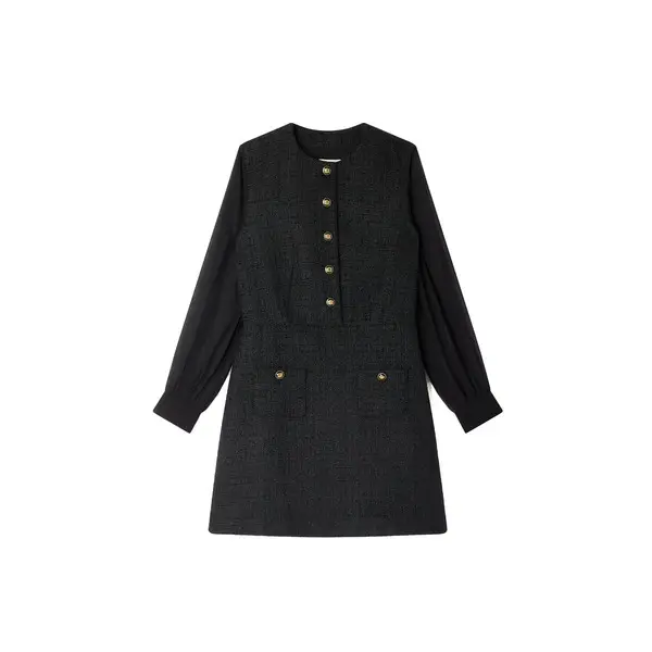 Short Tweed Buttoned Dress with Chiffon Sleeves