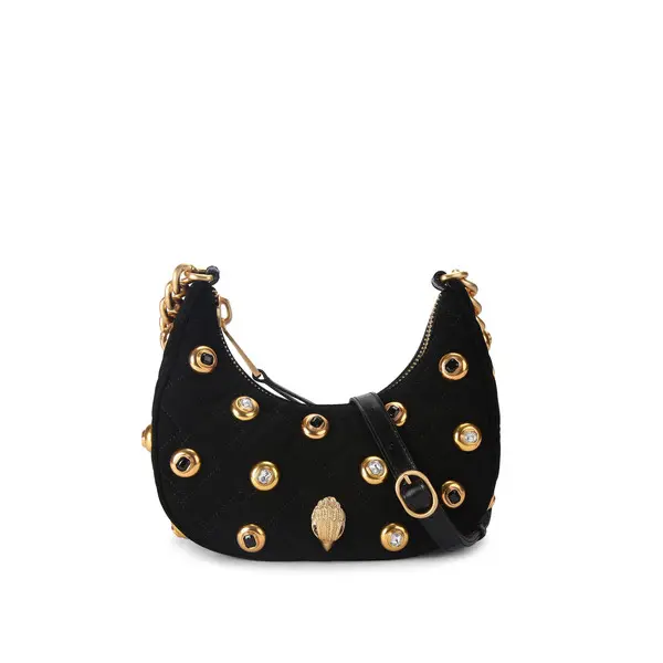 Velvet Shoulder Bag with Gold Hardware and Gem Details