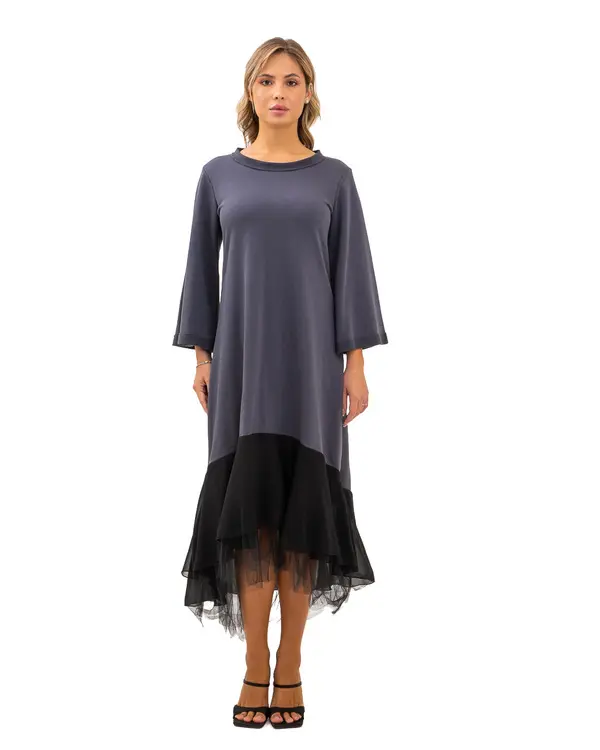 Two-Tone Jersey Dress with Tulle Ruffle Hem