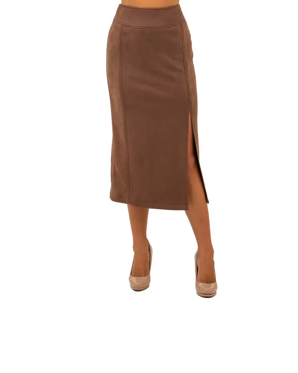 High-Waisted Faux Suede Pencil Skirt with Side Slit