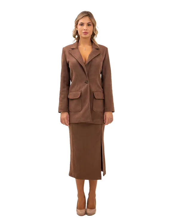 Longline Faux Suede Blazer with Patch Pockets