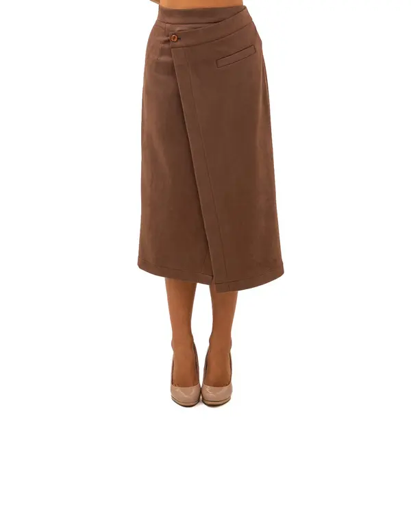 Suede Midi Wrap Skirt with Button Detail
