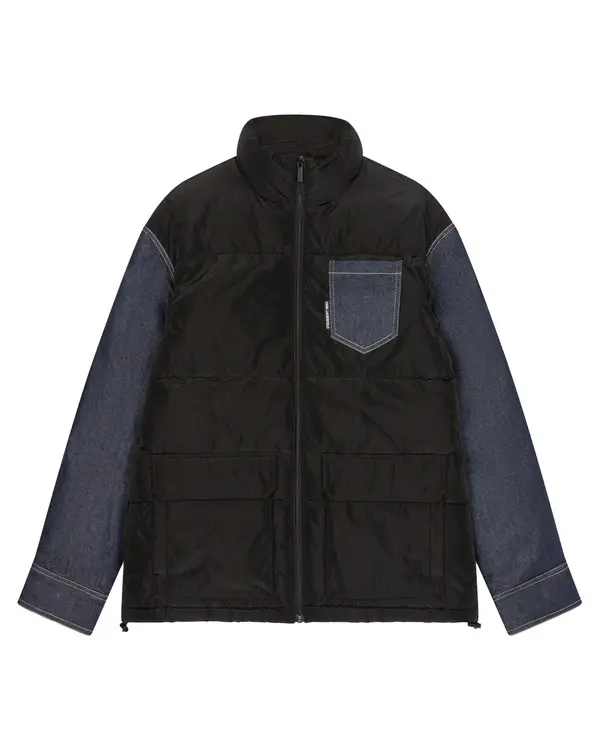 Puffer Jacket with Denim Sleeves and Pocket