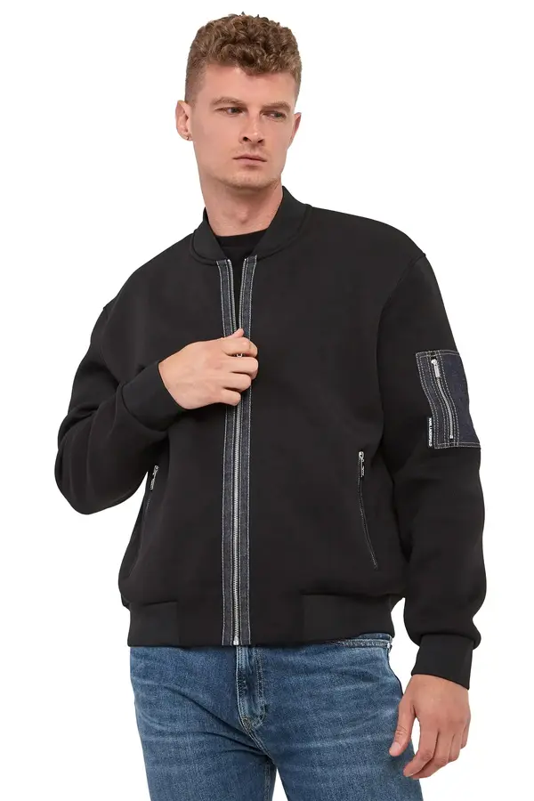 Bomber Jacket with Exposed Zippers and Denim Detail