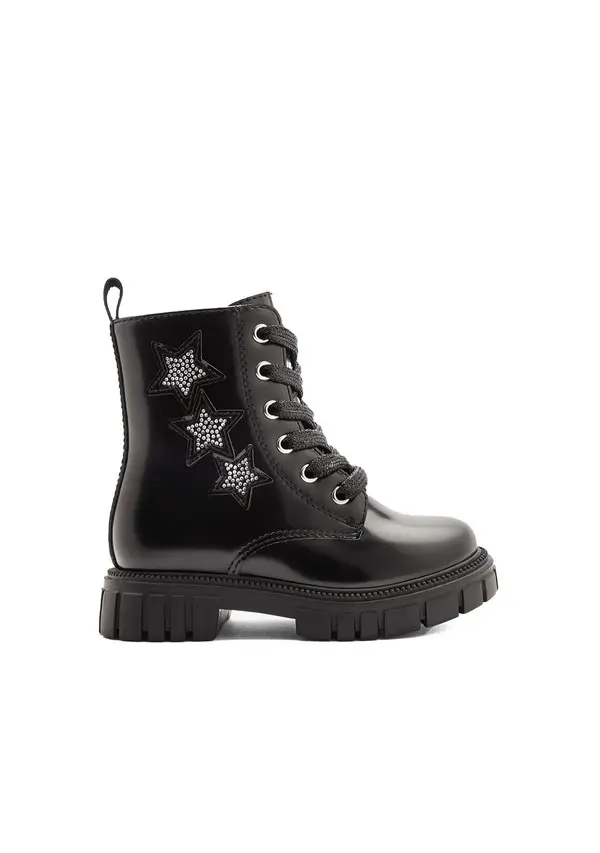 Patent Combat Boot with Rhinestone Stars