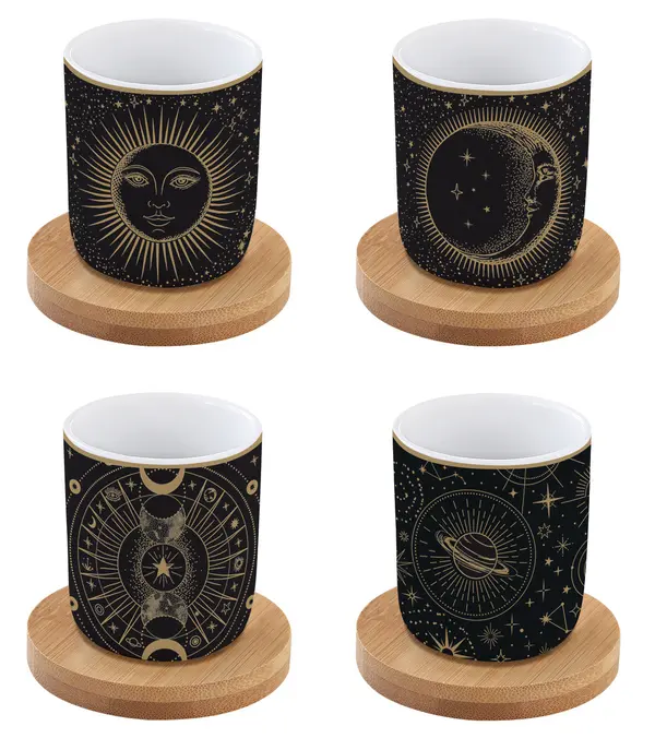 Set 4 Porc.Coffee Cups 110 Ml & Bamboo Saucers In Gift Box Celestial Image