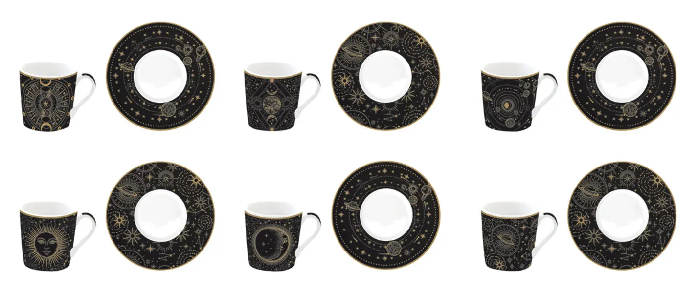 Set 6 Coffee Cups & Saucers In Porcelain 100 Ml In Gift Box Celestial Image