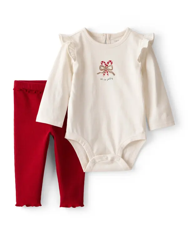 Baby Girl 2-Piece Candy Cane Ruffle Bodysuit & Pant Set - Cream/Red