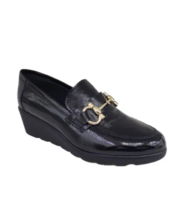 Patent Loafer Wedge with Gold Bit Hardware