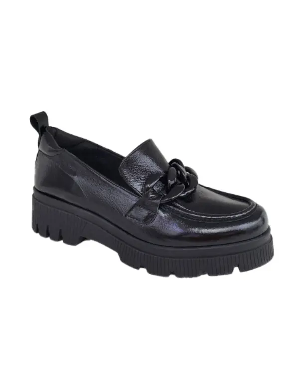 Patent Leather Chunky Loafer with Chain Accent and Lug Sole