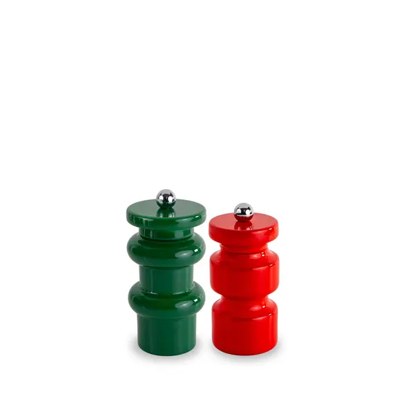 Pepper mill and salt mill set. Green and red colors.
