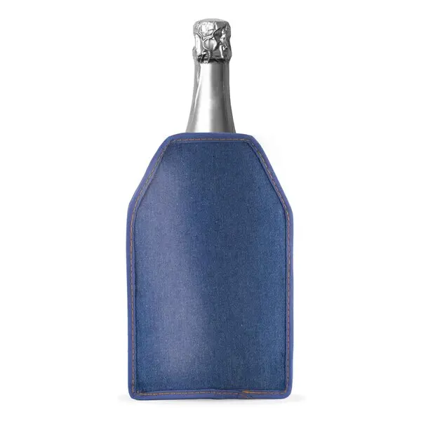Bottle cooler with denim exterior.