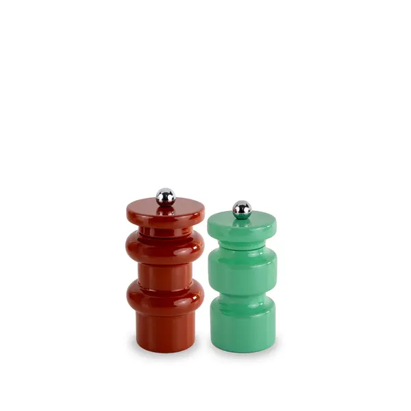 Pepper mill and salt mill set. Brick red and sage colors. Image