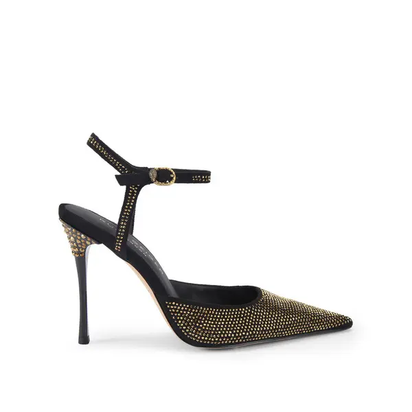 High-Heel Court Pump with Gold Crystal Stud Detail