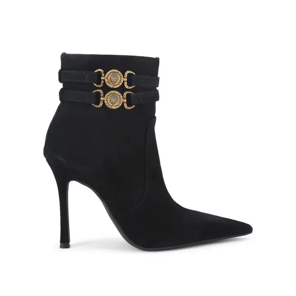 Suede Pointed Toe Ankle Boots with Gold Buckle Embellishment
