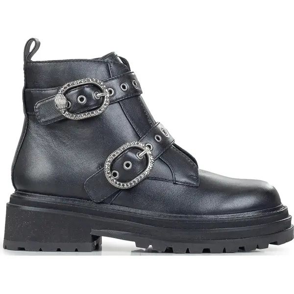 Edgy Lug-Sole Leather Boots with Dazzling Crystal Straps