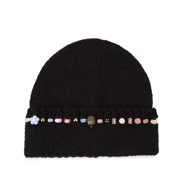 Embellished Black Wool-Blend Beanie with Eagle Charm Image