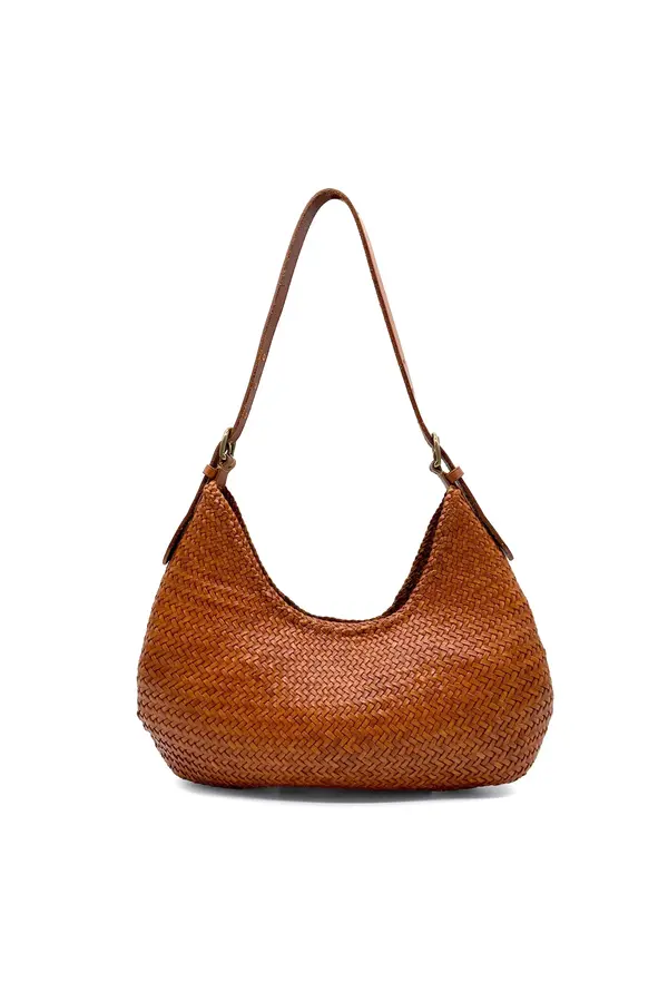 Curved Woven Leather Shoulder Bag