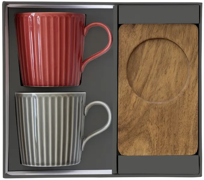 Set Of 2 Porcelain Mugs 380Ml With Acacia Saucers In Gift Box - Take A Break Image