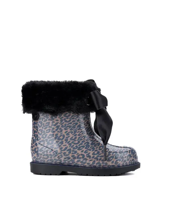 Leopard Print Rain Boots with Faux-Fur Trim and Satin Bow