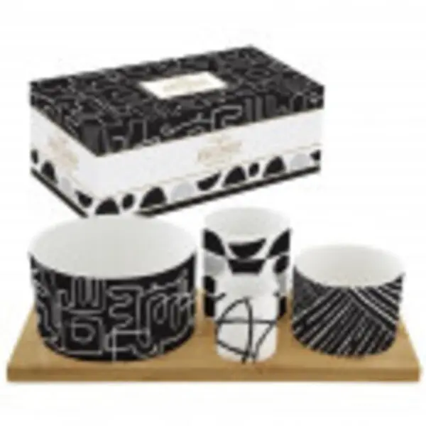 Appetizer Set 29X13 W/4 Porcelain Round Bowls On Bamboo Tray