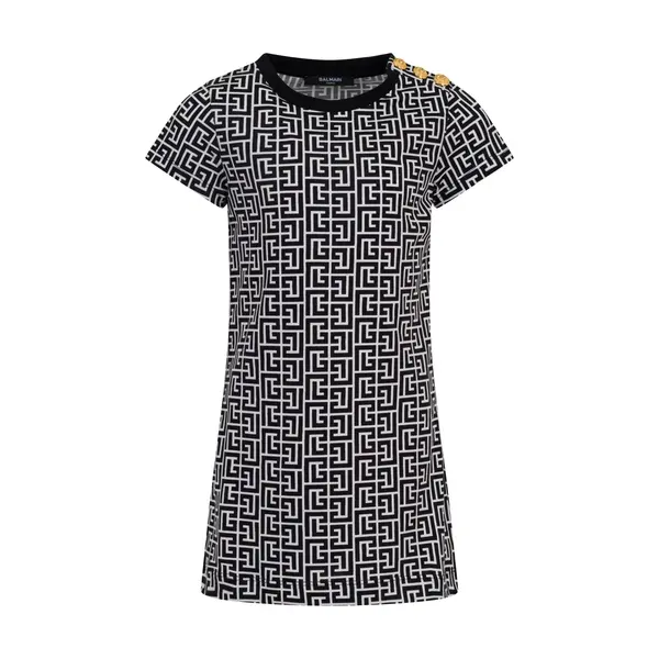 Monogram Print T-Shirt Dress with Gold Shoulder Buttons