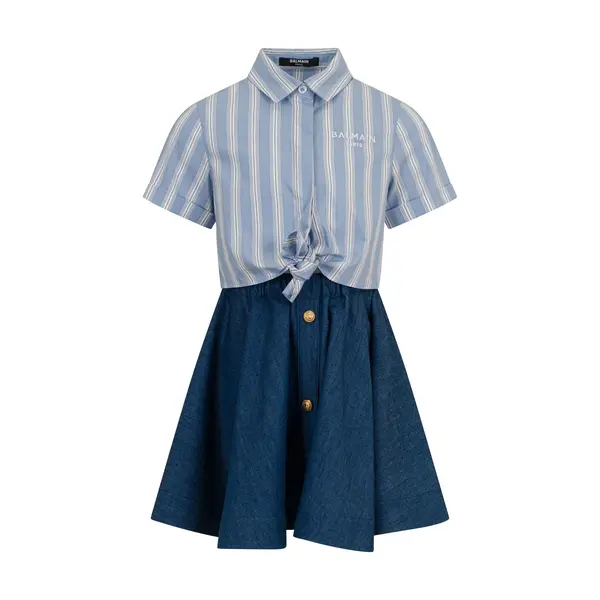 Striped Short-Sleeve Dress with Gold Button Denim Skirt