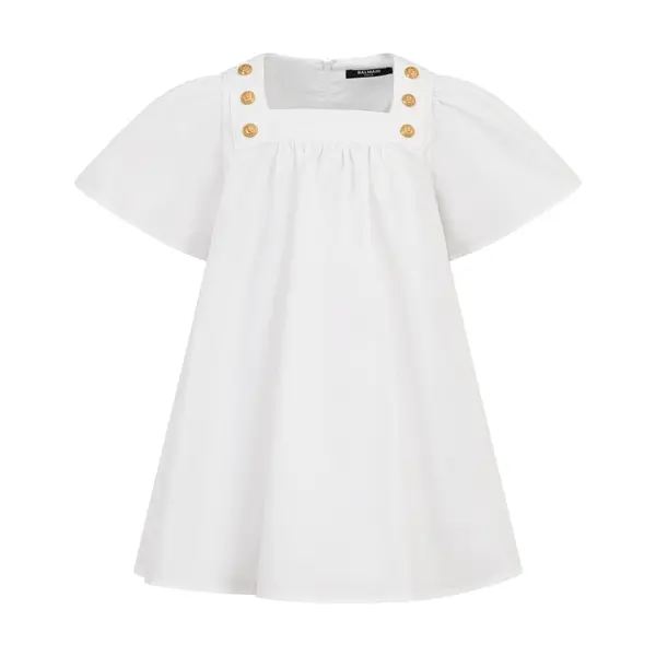 Flutter-Sleeve Dress with Signature Gold Embossed Buttons