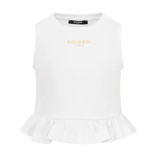 Sleeveless Top with Gold Foil Logo and Peplum Ruffle