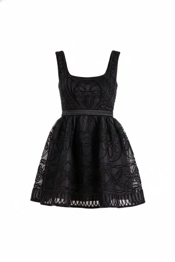 Short Embroidered Basket Knit Dress